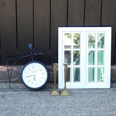 Lot 393 - A painted mirror, together with a wall clock...