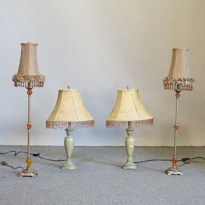 Lot 608 - A pair of painted metal table lamps and shades