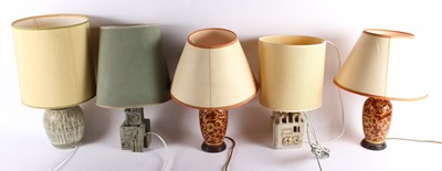 Lot 713 - A pair of red and gilt pottery table lamps,...