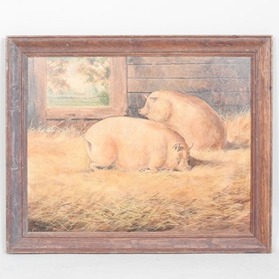 Lot 387 - English school, 20th century, two pigs in a...