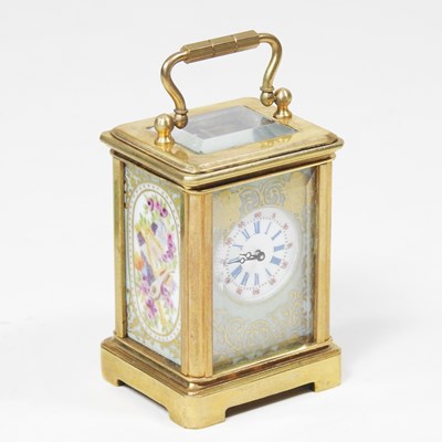 Lot 330 - A miniature Sevres style carriage clock,...