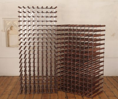 Lot 820 - A set of two wooden wall-mounted open wine racks