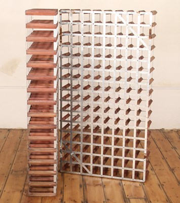 Lot 685 - A set of two wooden wall-mounted open wine racks