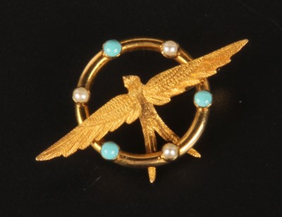 Lot 380 - A turquoise and seed pearl set bird brooch,...