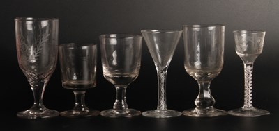 Lot 93 - A wine glass, circa 1770, the etched ogee bowl...