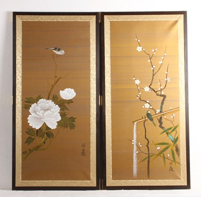 Lot 478 - A pair of Japanese painted screens, decorated...