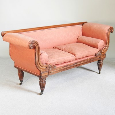 Lot 566 - A 19th century carved mahogany scroll end sofa,...