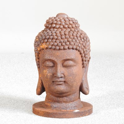 Lot 176 - A rusted metal garden statue, head of Buddha,...