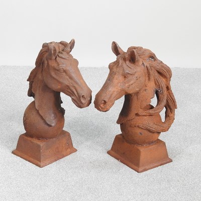 Lot 185 - A pair of rusted metal horse head gatepost...