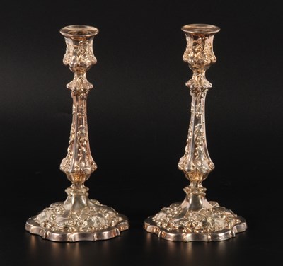 Lot 193 - A pair of silver-plated JFP & Co candlesticks,...