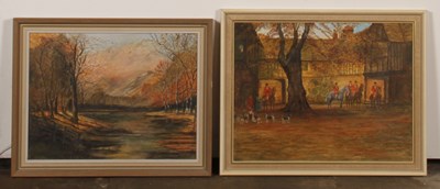 Lot 535 - A street scene with half-timbered buildings,...
