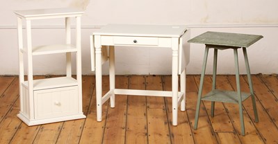 Lot 490 - A white painted drop leaf table/desk, w.74cm...