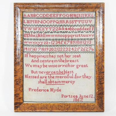 Lot 207 - A Victorian needlework sampler, with verse,...