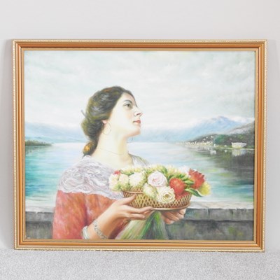 Lot 458 - L Williams, 20th century, a lady holding a...