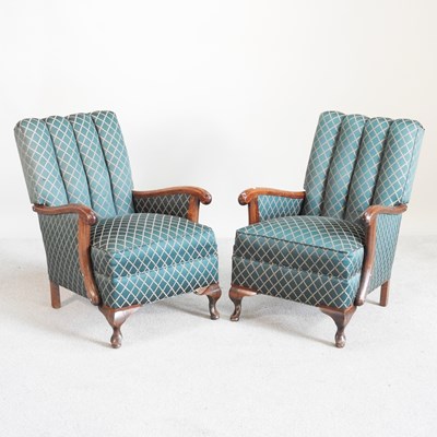 Lot 109 - A pair of 1930s green upholstered armchairs,...