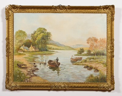 Lot 694 - English School, 20th century, river landscape,...