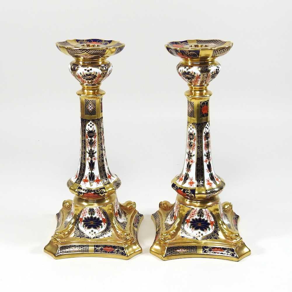 Lot 1 - A pair of Royal Crown Derby 'Old Imari' pattern table candlesticks