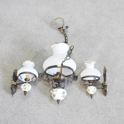 Lot 561 - A brass and opaline glass ceiling light, 75cm...