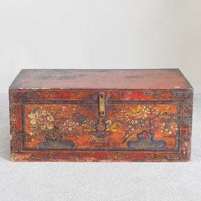 Lot 10 - A painted Tibetan trunk, with a hinged lid