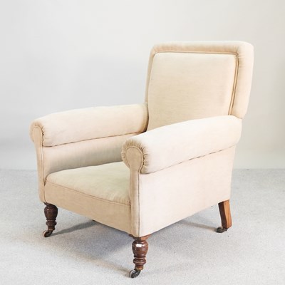 Lot 525 - A late Victorian beige upholstered armchair,...