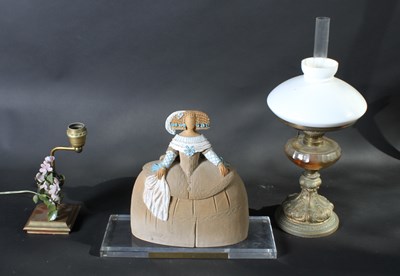 Lot 609 - An Art Nouveau brass wick lamp, with shade and...