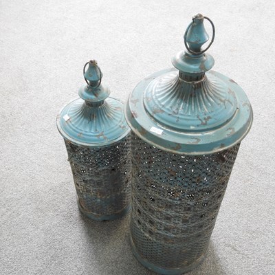 Lot 29 - An Eastern blue painted metal hanging lantern,...