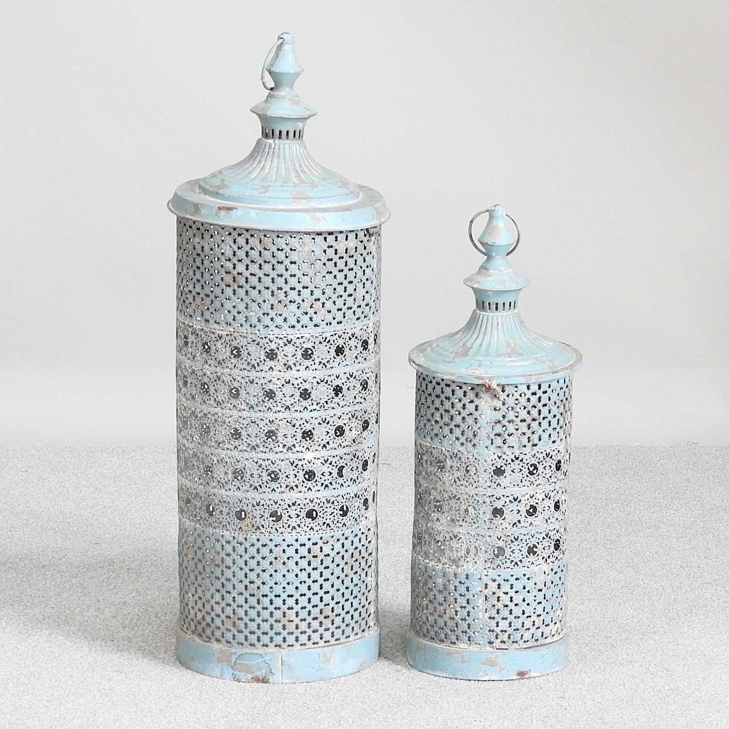 Lot 29 - An Eastern blue painted metal hanging lantern,...