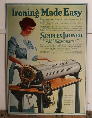 Lot 585 - A tin sign, inscribed Simplex, Ironing made...