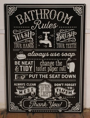 Lot 586 - A tin sign inscribed Bathroom Rules, 70 x 50cm