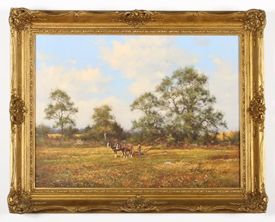 Lot 330 - James Wright (b.1935), 'Ploughing', oil on canvas