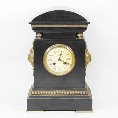Lot 432 - A Victorian black slate mantel clock, with...