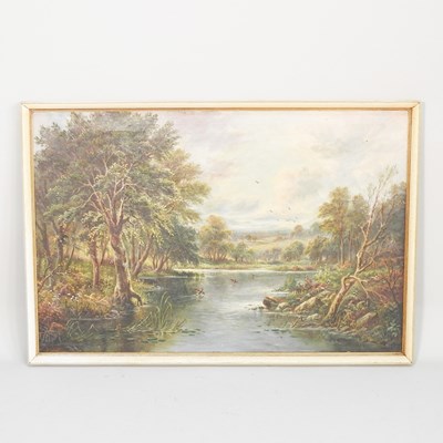 Lot 428 - Joel Owen, 1895-1950, wooded river landscape,...