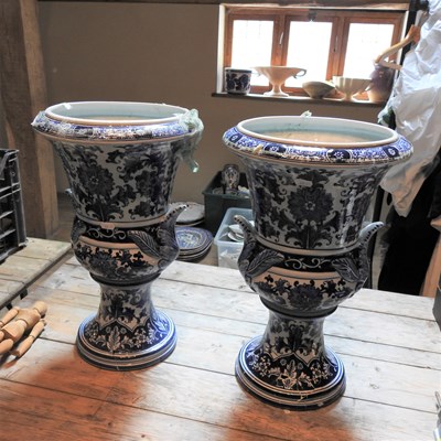 Lot 285 - A large pair of Dutch blue and white urns