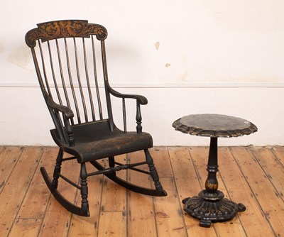 Lot 437 - An ebonised and gilt rocking chair, together...
