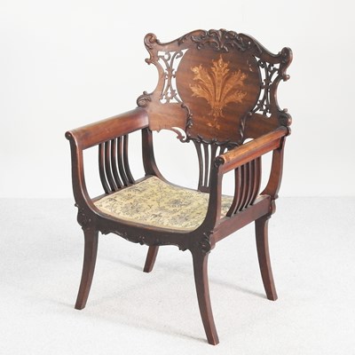 Lot 123 - An Edwardian mahogany and inlaid open armchair,...