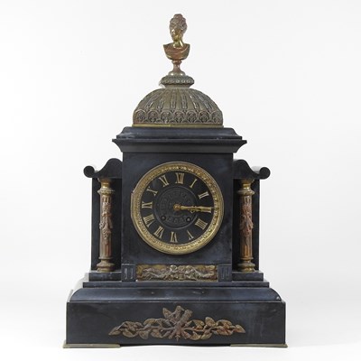 Lot 197 - A 19th century continental slate and brass mounted mantel clock