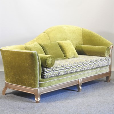 Lot 381 - A gilt framed and green upholstered sofa