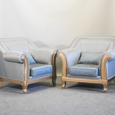 Lot 386 - A pair of gilt framed pale blue upholstered armchairs