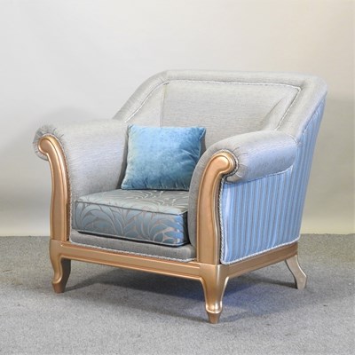 Lot 332 - A gilt framed and pale blue upholstered armchair