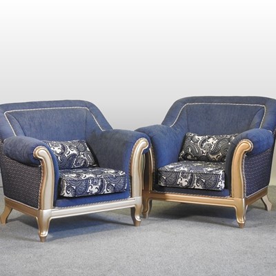 Lot 362 - A pair of gilt framed and blue upholstered armchairs