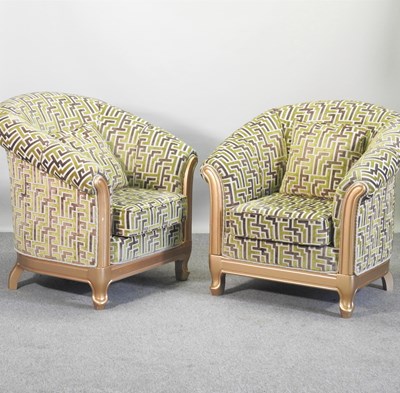 Lot 363 - A pair of gilt framed and green geometric design upholstered armchairs