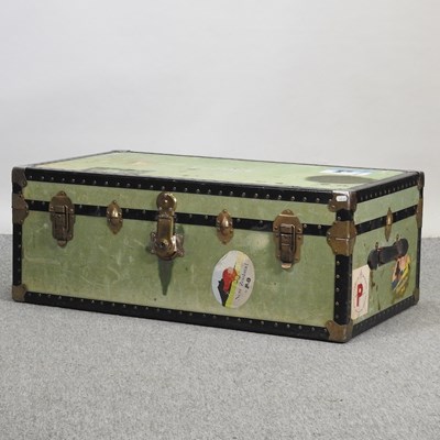 Lot 377 - A mid 20th century green canvas travel trunk