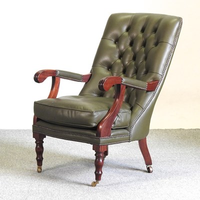 Lot 446 - A Victorian style green upholstered button back leather armchair