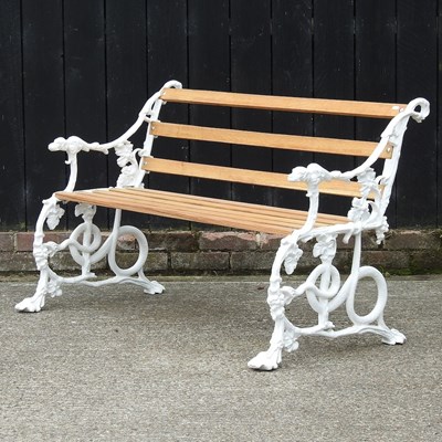 Lot 336 - A Victorian style white painted metal and hardwood slatted garden bench