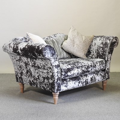 Lot 620 - A grey crushed velvet upholstered sofa of small proportions
