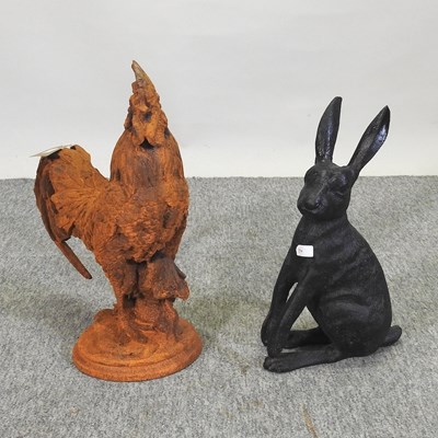 Lot 60 - A rusted metal model of a cockerel, together with a model of a hare