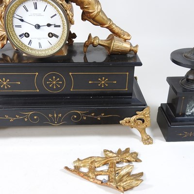 Lot 73 - A 19th century French black slate clock garniture