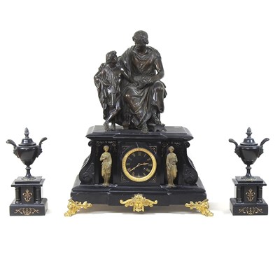 Lot 235 - A large 19th century black slate clock garniture