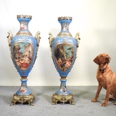 Lot 157 - A pair of large and impressive Sevres style porcelain vases
