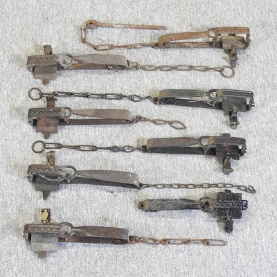 Lot 424 - Eight 19th century iron gin traps